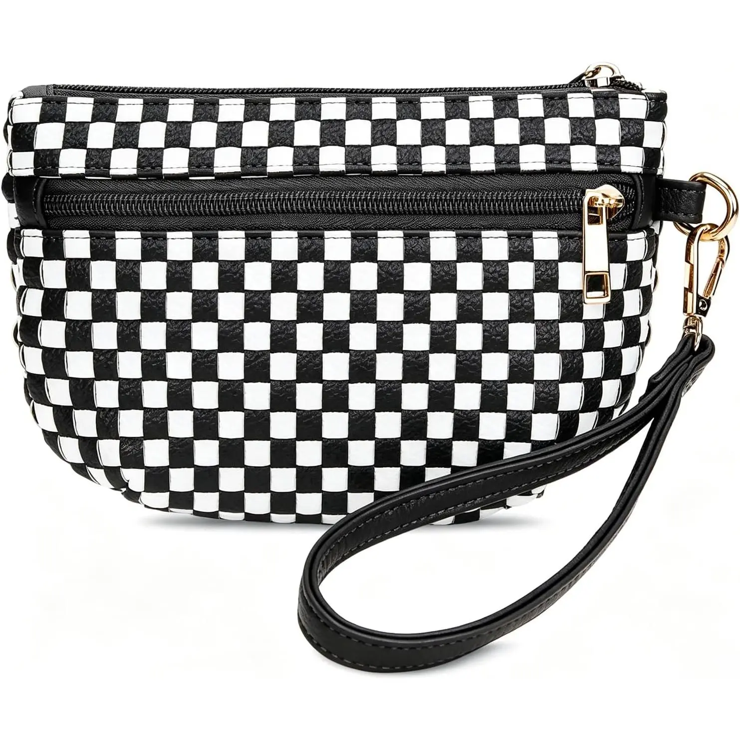 Woven Wristlet Bag for Women Checkered Crescent Pouch Wallet Small Purse |  faux leather clutch features a detachable strap and convenient front zip pocket. Ideal daily travel makeup organizer