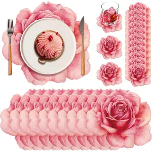 200 Pcs Pink Floral Paper Placemats and Coasters Spring Summer Flower Chargers Table Mat Disposable Rose Flower Placemat with Coasters for Tea Party Wedding Bridal Baby Shower Birthday 13''