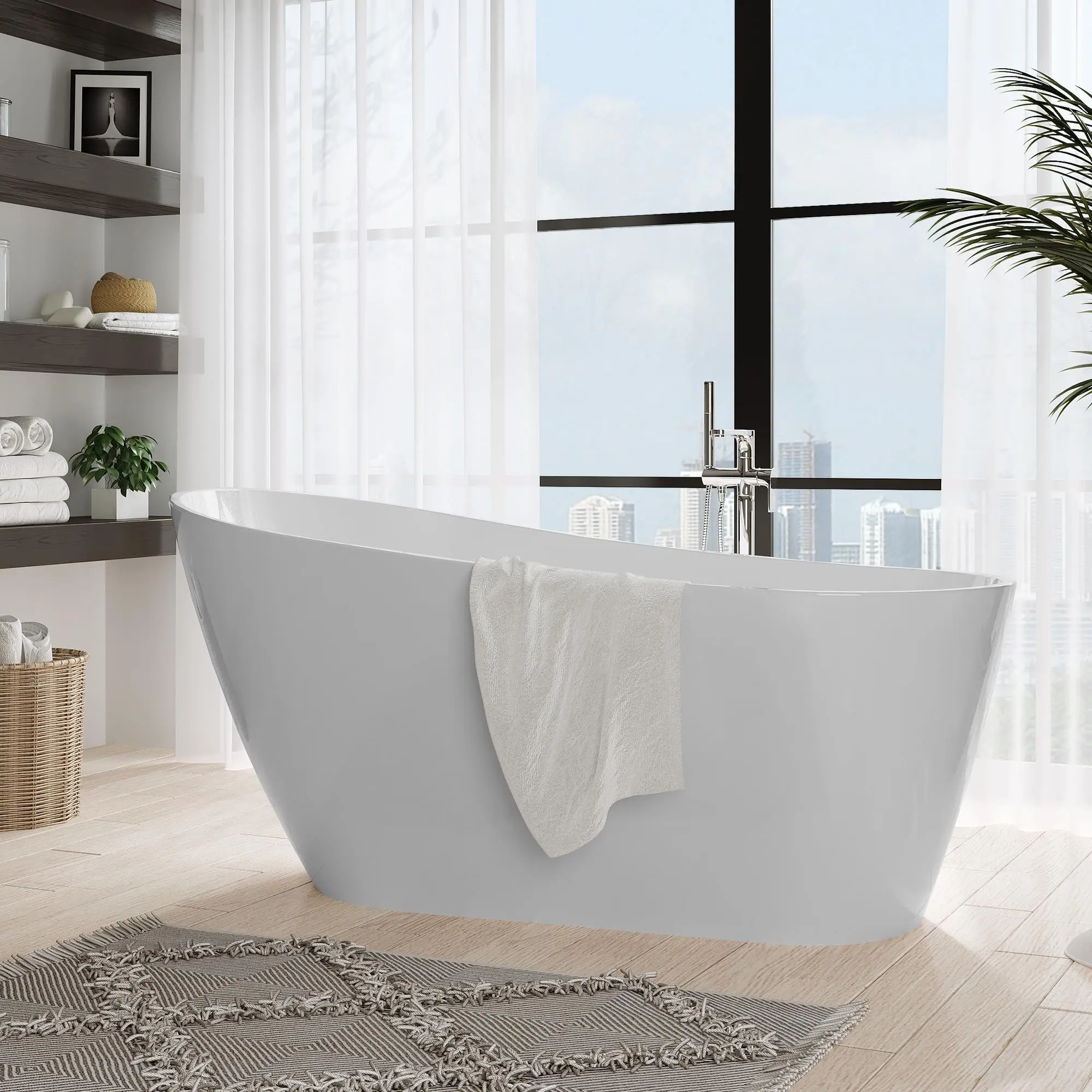 Modern Black & White Acrylic Freestanding Soaking Bathtub – Glossy Finish, Non-Slip Base, Chrome Drain & Overflow, cUPC Certified, Stand Alone Tub for Bathroom or Spa