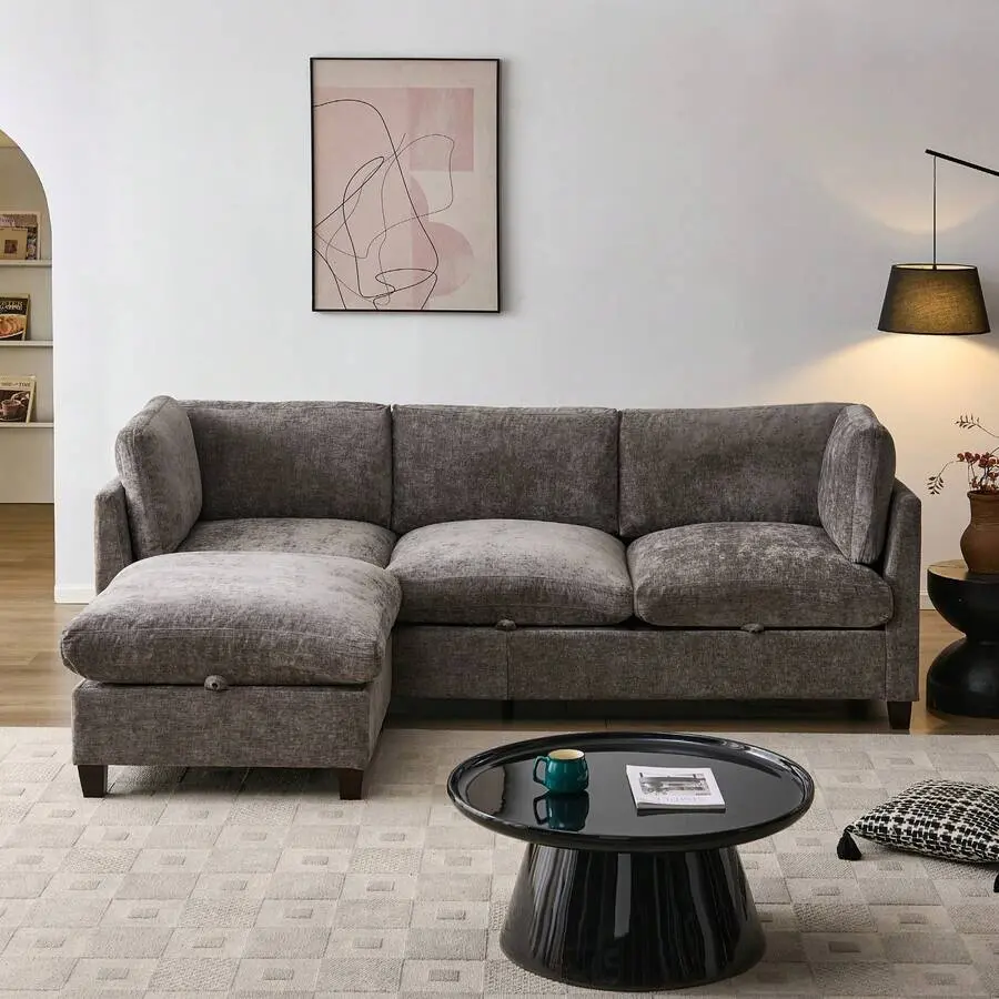 Rhomtree 96.5" Sectional Couch Living Room, Upholstered Soft Chenille Sofa, 3-Seater With One Ottoman L Shape Sofa