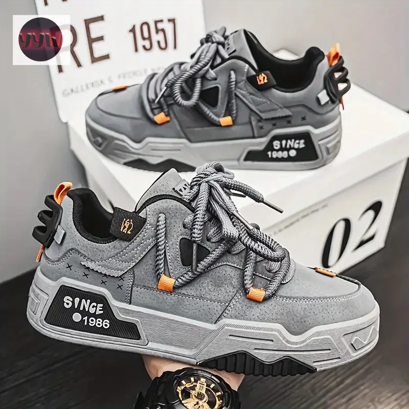 YYW1 Men's Vintage Preppy Style Casual Trainers, Solid Color Breathable Durable Low-Top Lace-Up Footwear, PU Upper, Rubber Sole, Round Toe, for Fall Casual Wear & Sports Shoes Preppy Look
