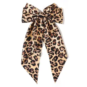 Hair Bows for Women Big Bow Hair Clips with Long Tail Hair Ribbon Satin Leopard Hair Bow Barrette for Women and Girls Ponytail Hair Accessories, Pack of 1 (Camel)