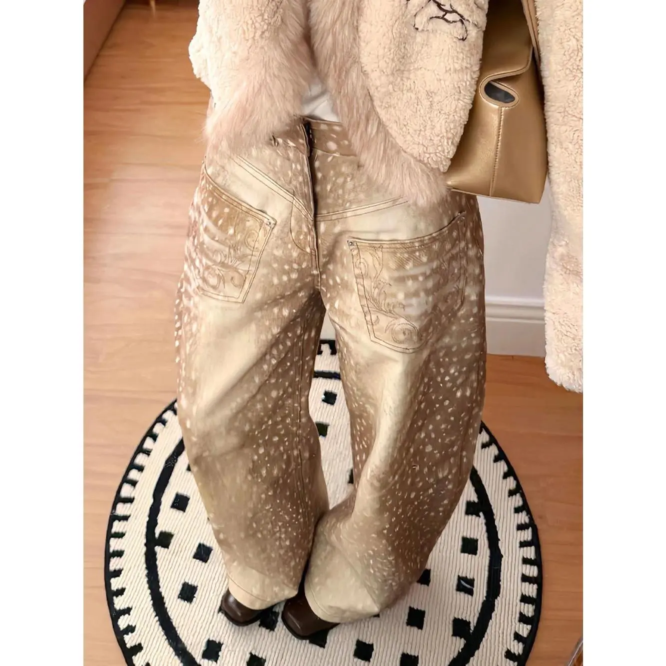 Deer Print Floor-Length Jeans Women's American Hot Girl Design Color Block Retro Fashion Distressed Denim Pants Casual Wear