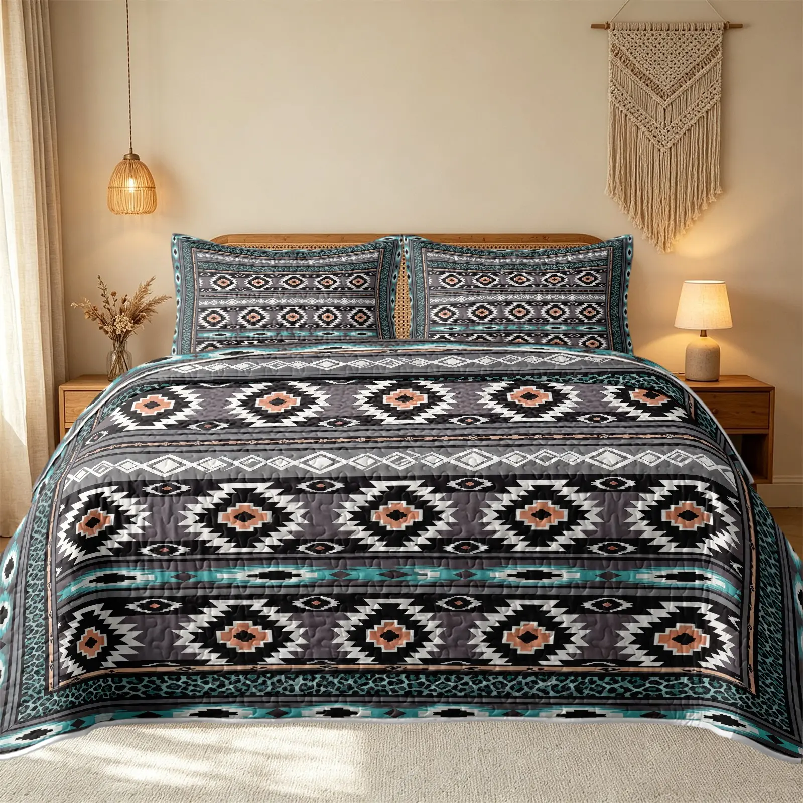 3Pcs Navajo Geometric Ethnic Style Quilt Set, Decorative Bedding Set, Includes 1 Quilt and 2 Pillowcases Gray Blue Leopard Print Border Aztec Geometric Pattern Reversible Lightweight Bedding All Season