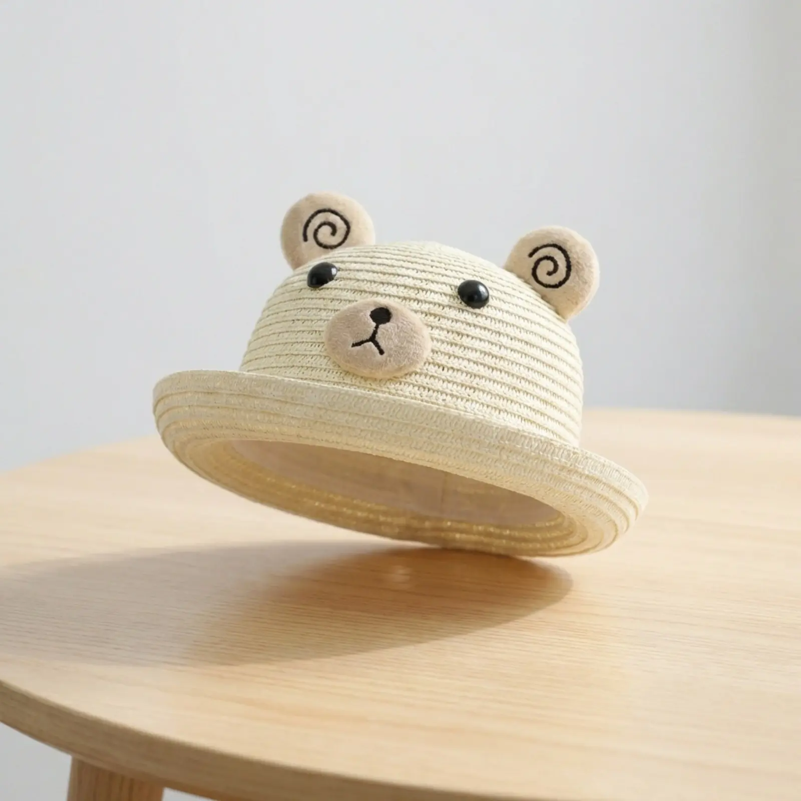 Unisex Woven Straw/Bamboo Cartoon Bear Sun Bucket Hat - Swirl Embroidery, Plush Ears, 3 Neutral Tones, Breathable All-Seasons Outdoor Headwear for Everyday Walking, Travel Outfit