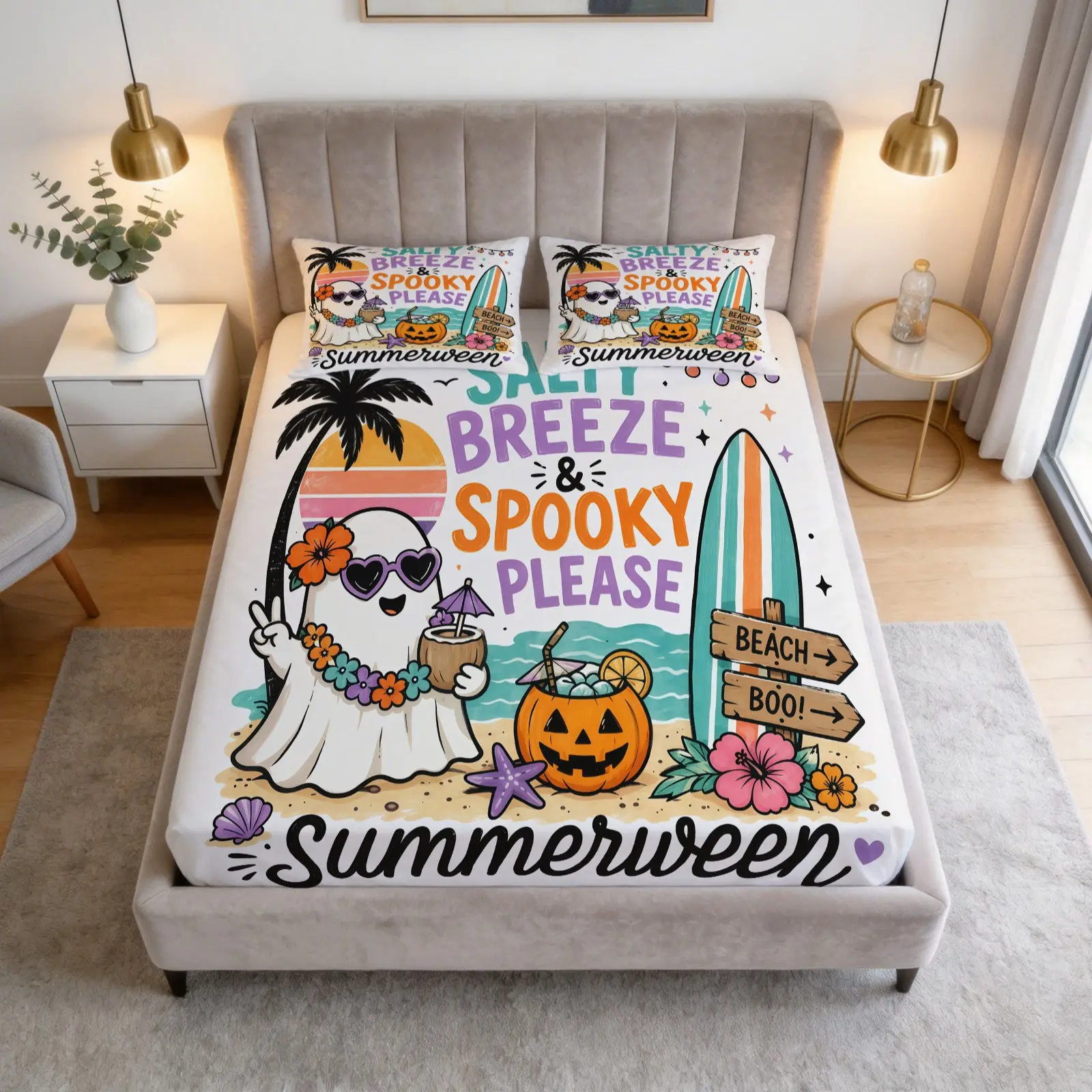 3-Piece Summer Halloween Ghost Pattern Fitted Sheet Set, Soft And Comfortable Bedding Set, Including 1 Sheet And 2 Pillowcases (Pillow Inserts Not Included), Suitable For Teenagers And Adults, Bedroom, Apartment, Guest Room, Dormitory Scene