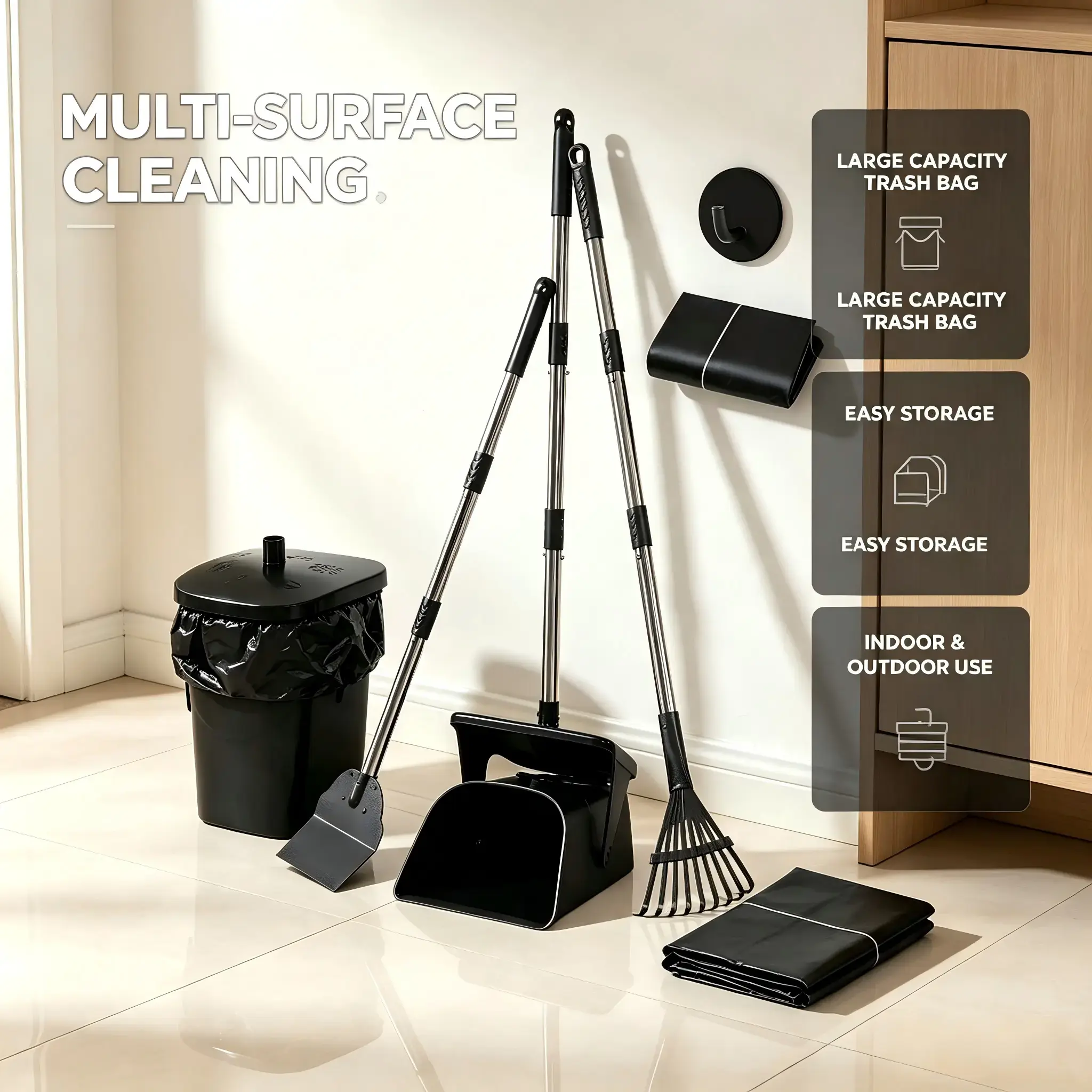 Heavy Duty Stainless Steel Dog Pooper Scooper Swivel Kit - 40" Length Portable Home Care Broom Supplies Set with Bin, Rake, Spade, 20 Waste Bags & Hook, Metal Tool for Medium & Large Dogs
