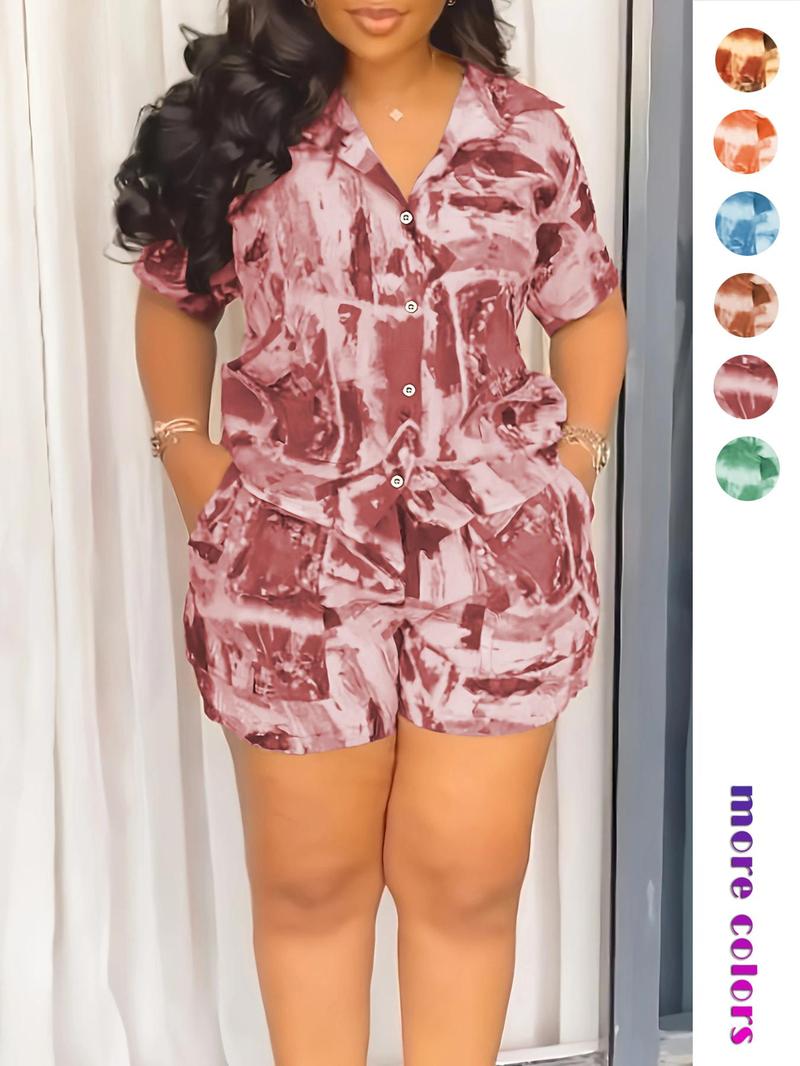 Two-piece Set Women's All Over Print Short Sleeve Shirt & Shorts, Casual Button Up Top & Shorts for Daily Wear, Ladies Summer Clothes, Fashion Clothes Set