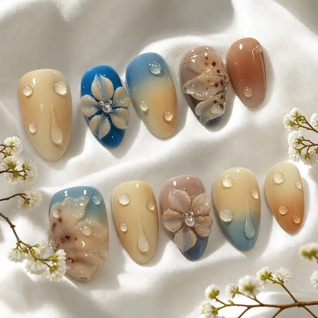 10Pcs Glossy Almond Press On Nails, Decorative Nails – Cocoa Latte Nude Gradient with 3D Dew Drop Floral & Pearl Accents, Handmade Reusable Gel DIY Nails, DIY Tool Kit for Summer Beach Vacation Date Night, Glazed Summer Nails