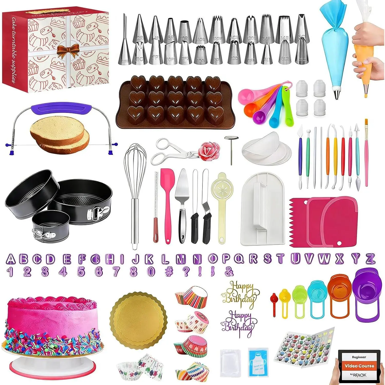 720 count Cake Decorating Kit with Baking Supplies & Rotating Turntable | Includes Pans, Leveler, 24 Numbered Piping Tips, Spatulas, Fondant Tools, Video Course,  Chart & Baking Tools