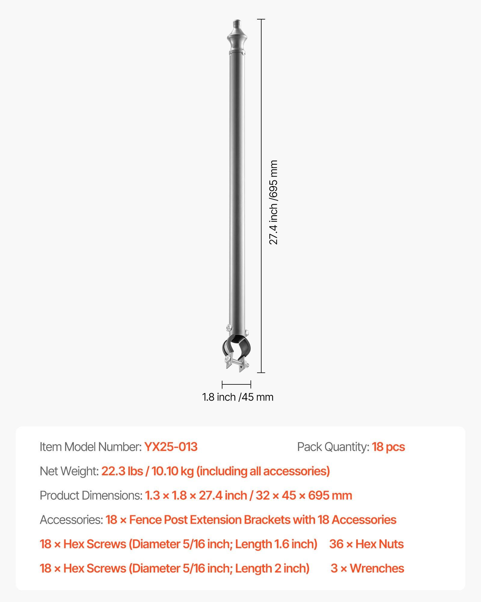 VEVOR Chain Link Fence Extensions, 18 Packs 27.4" Extension Height, Galvanized Post Extender for 1.3" to 1.5" Top of Fence, U Bracket, Barbed Wire Extend Arm for Privacy, Prevent Dogs Jumping Out