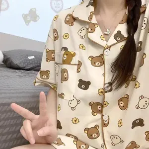 Rilakkuma Cartoon Anime Pajamas Spring Autumn Girl Cute Homewear Suit Plus Size Couple Set Pure Cotton Pajamas Birthday Gift