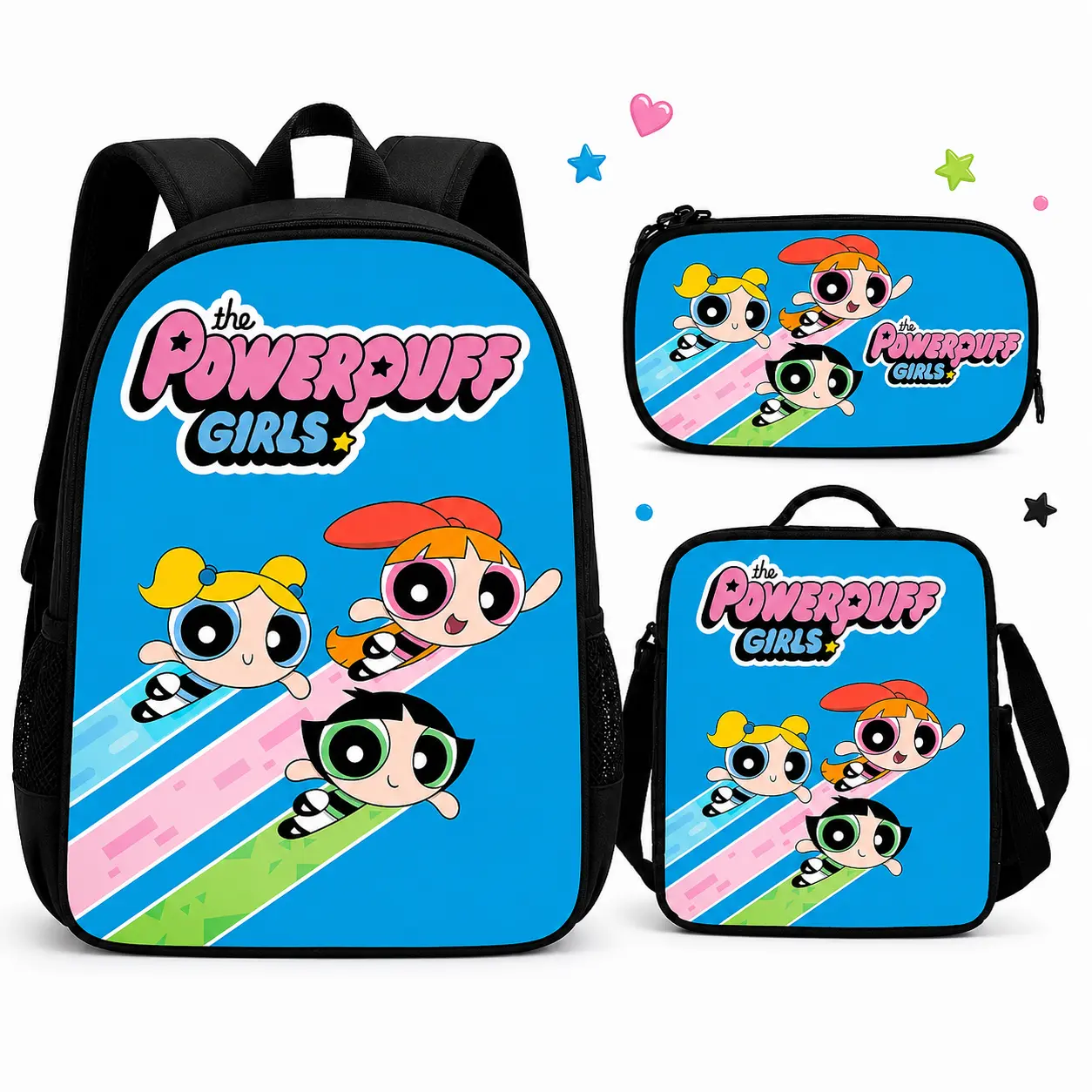 3-Piece Powerpuff Girls Kids Backpack Set with Lunch Bag & Pencil Case, Blue Cartoon School Bookbag, Back to School Supplies for Girls, Elementary School Travel Bag,bookbag,school backpack, multiple style,casual daypack backpack,anime backpack,pencil bag,