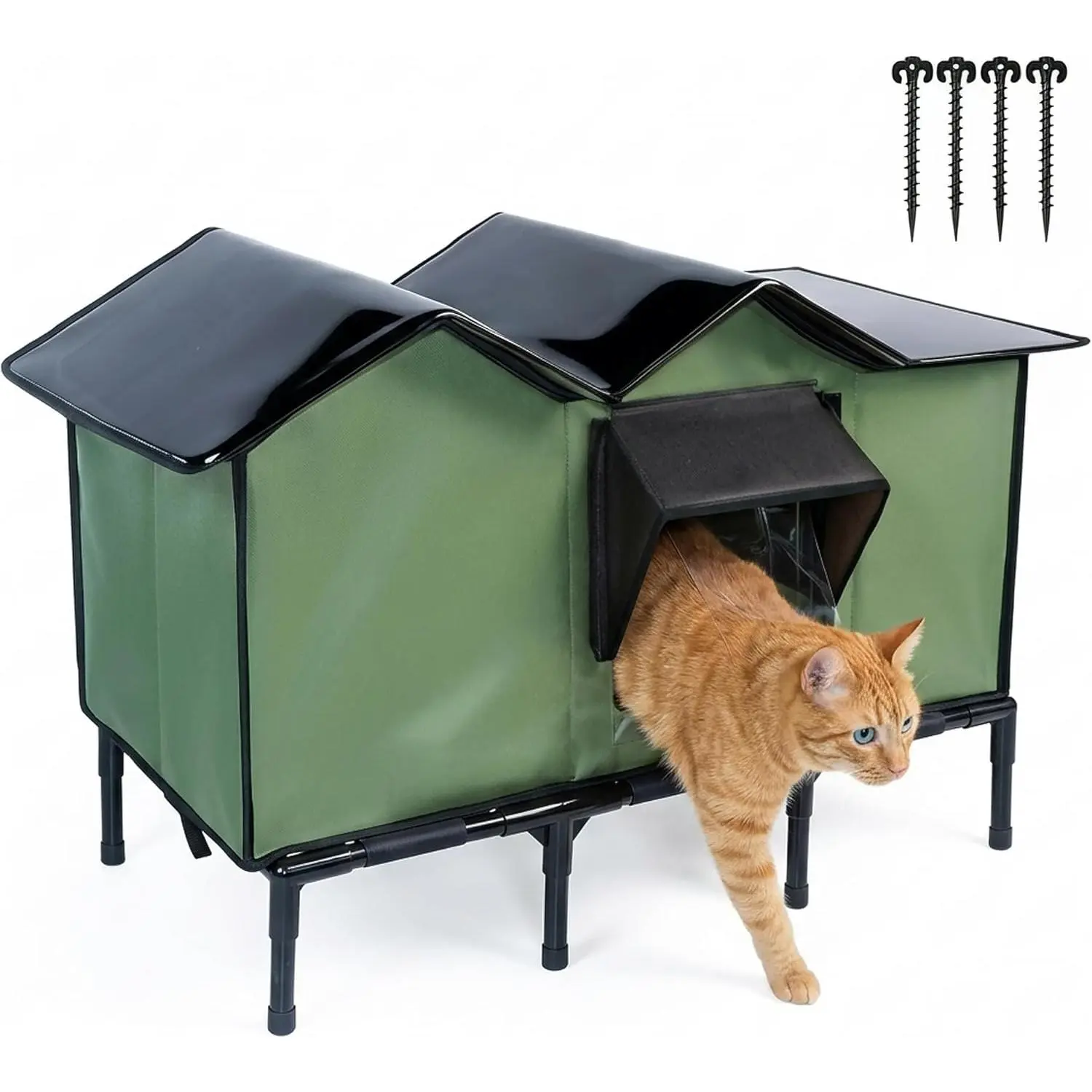 Outdoor Cat House for Feral & Stray Cats, Waterproof Elevated Cat Shelter with Extended Roof, 600D Oxford Fabric Insulated Outdoor Cat Condo with Viewing Window & PVC Frame for All Weather Protection