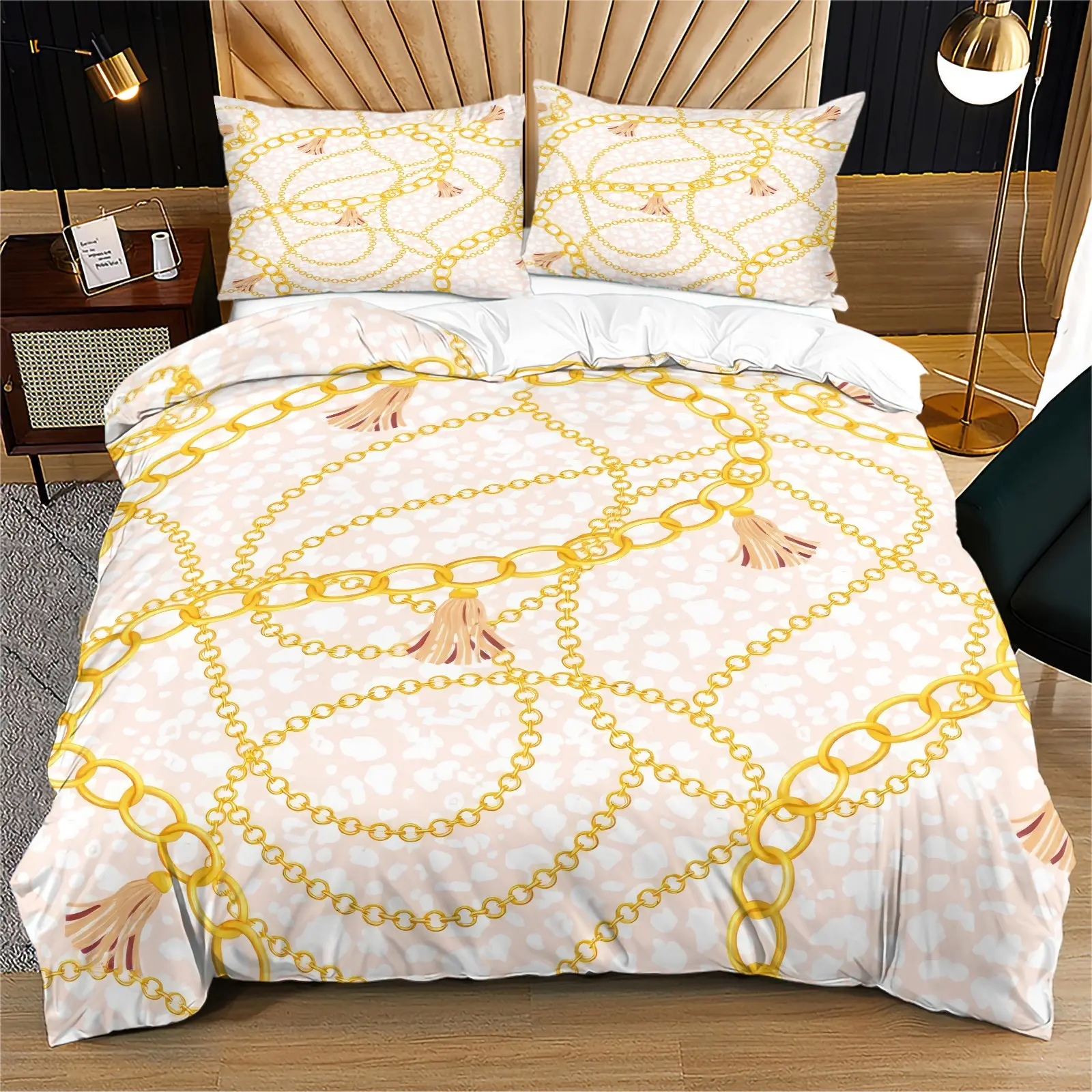 Pink Leopard Golden Chain Tassel Duvet Cover Set, Bedding Set, Digital Print Luxury Chain Tassel Leopard Spot Pattern, Soft Breathable Microfiber, Hidden Zipper & Corner Ties Washable Bedroom Decor, Includes 2 Pillowcases - without Core