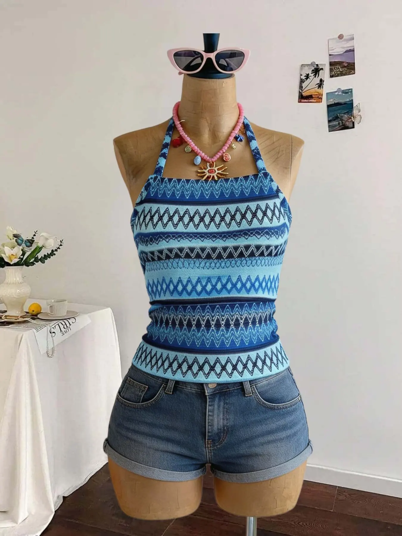 Geometric Striped Halter Top, American Vacation Style Back Tie Ruched Knit Tank, Slim Fit Island Beachwear for Women, Summer Crop Top