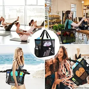 1pcs Large Mesh Beach Tote Bag Zippered Multi Pocket Foldable Net For Women Summer Vacation Pool Day Must Haves Sandproof Travel Organizer Versatile Storage Carrier