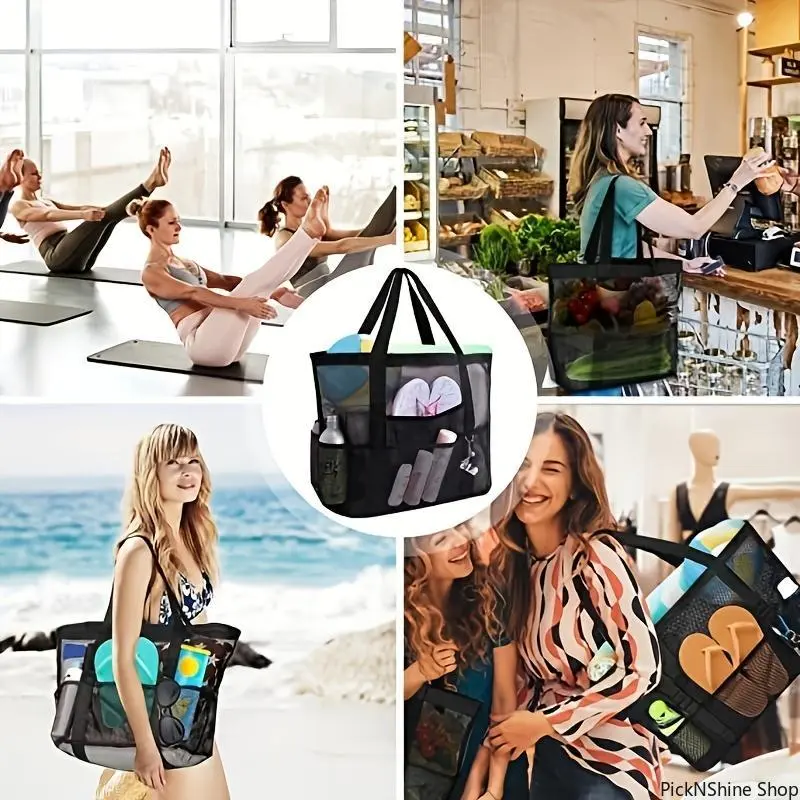 Women's Large Mesh Beach Tote Bag - 1pc Zippered Multi-Pocket Foldable Net, Sandproof Travel Organizer, Fold for Travel, Multi-Pocket Order, Summer Vacation Pool Day Storage Carrier