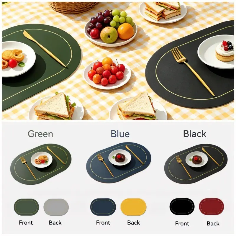 3Pcs Reversible Leather Placemats | Oval Double Sided Table Mats | Waterproof Wipeable PU Dining Mat | Two Tone Aesthetic Table Setting Kitchen Decor | Heat Resistant Easy Clean Washable Dual Color Mats Kitchen Decorative Placemat