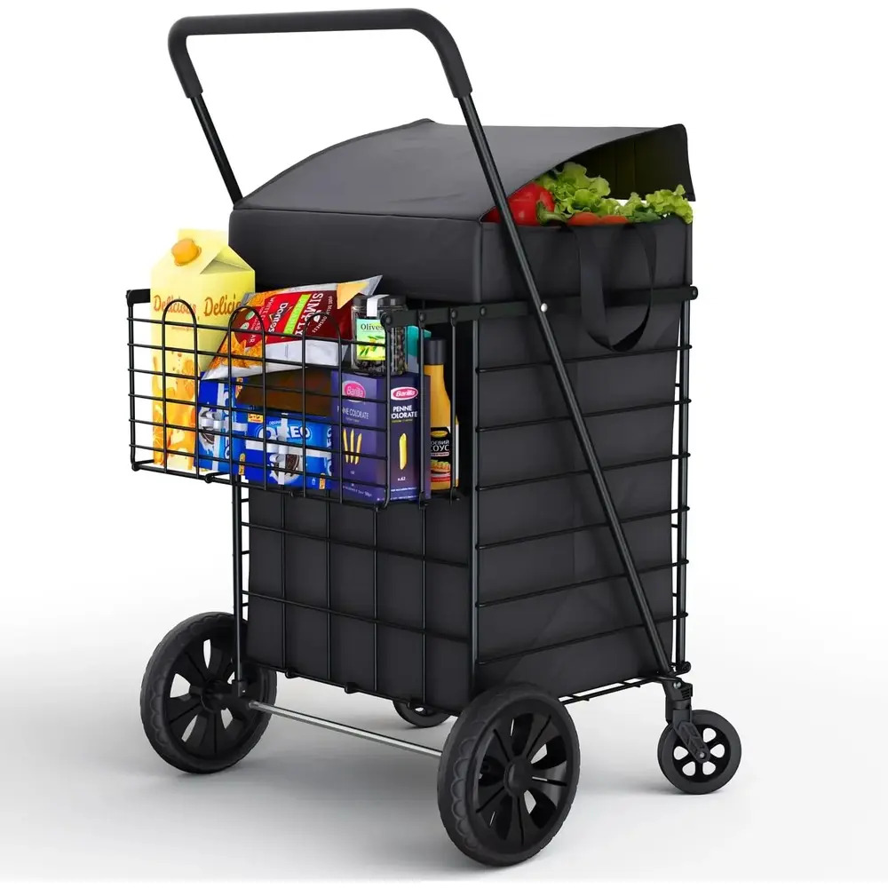 Shopping Cart w/Waterproof Basket Liner & 360° Swivel Wheels| Foldable Collapsible & Lightweight| Perfect for Groceries Laundry Utility Cart - Black