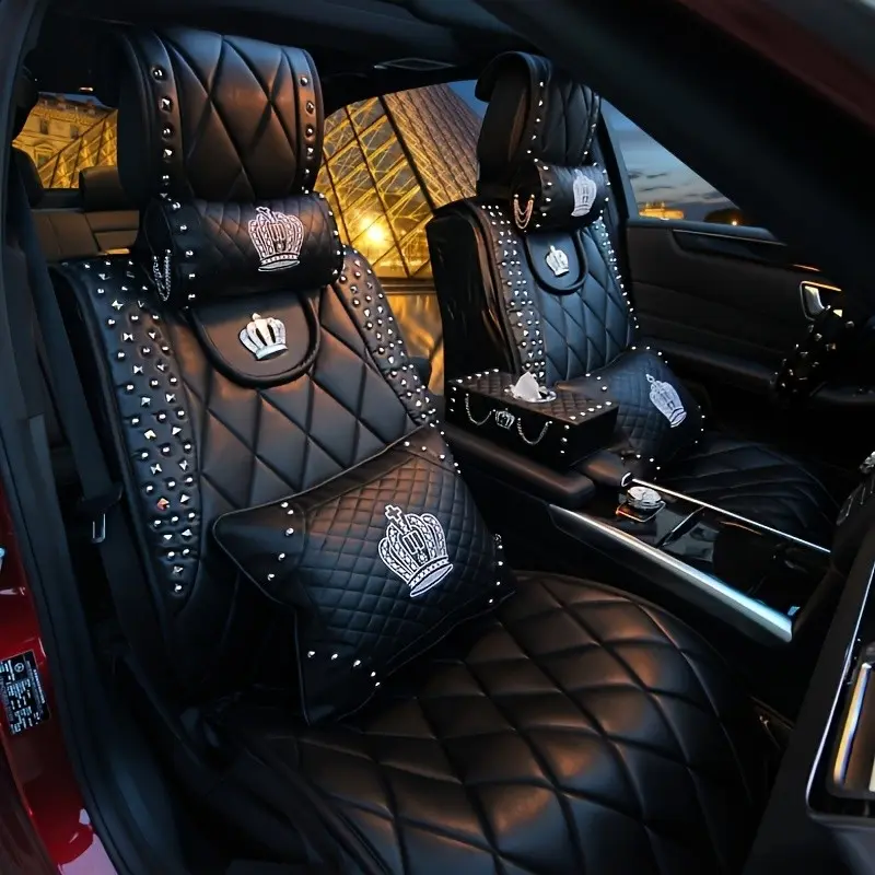 Handmade Embroidered Queen Crown Car Headrest Pillow, Luxury Auto Back Support Pillow, Elegant Decorative Car Interior