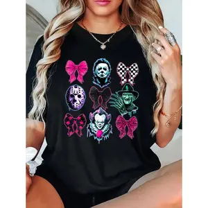 Men's & Women's Halloween Graphic T-Shirt - Pink Neon Coquette Design with Bows & Pumpkins, Casual Short Sleeve Round Neck Tee, Durable 100% Knit Fabric, Playful Geometric Print for Spring Summer Fall, Machine Washable & Dry Cleanable,