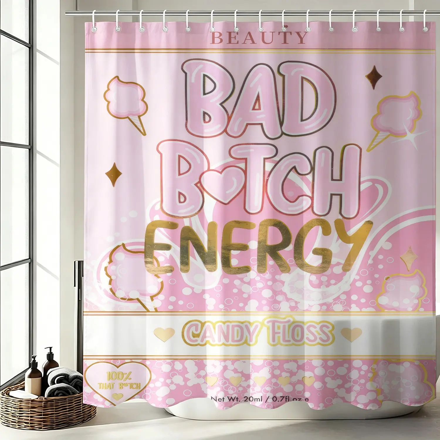 Bad Bitch Energy Pink Waterproof Shower Curtain, Printed With Marshmallow Clouds, Hearts, Bubbles, Rhinestone Perfume Bottles, Fabric Bathroom Divider, Mildew Resistant Quick Dry Washable, Comes With Hooks, Trendy Bathroom Decor & Sweet Gift For Girls