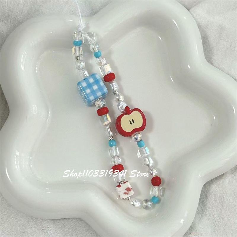 Korean Cute Apple Pearl Beaded Phone Charms Chain For iPhone 16 15  Accessories Phone Strap Anti-Lost Lanyard Hanging Rope Girl