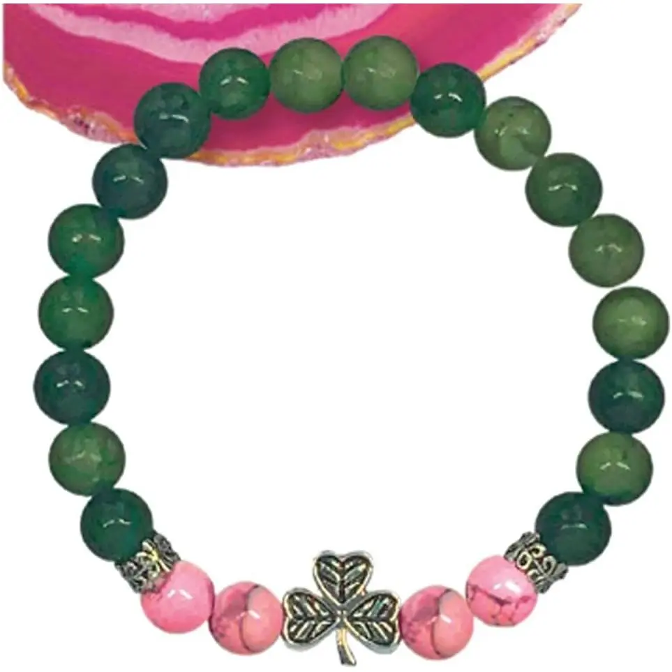 Irish Connemara Marble Shamrock Charm Bracelet with Trinity Knot, Modern Stretch-Fit Band, One Size Costume Jewelry for Birthday Gift Ideas, St. Patrick's Day