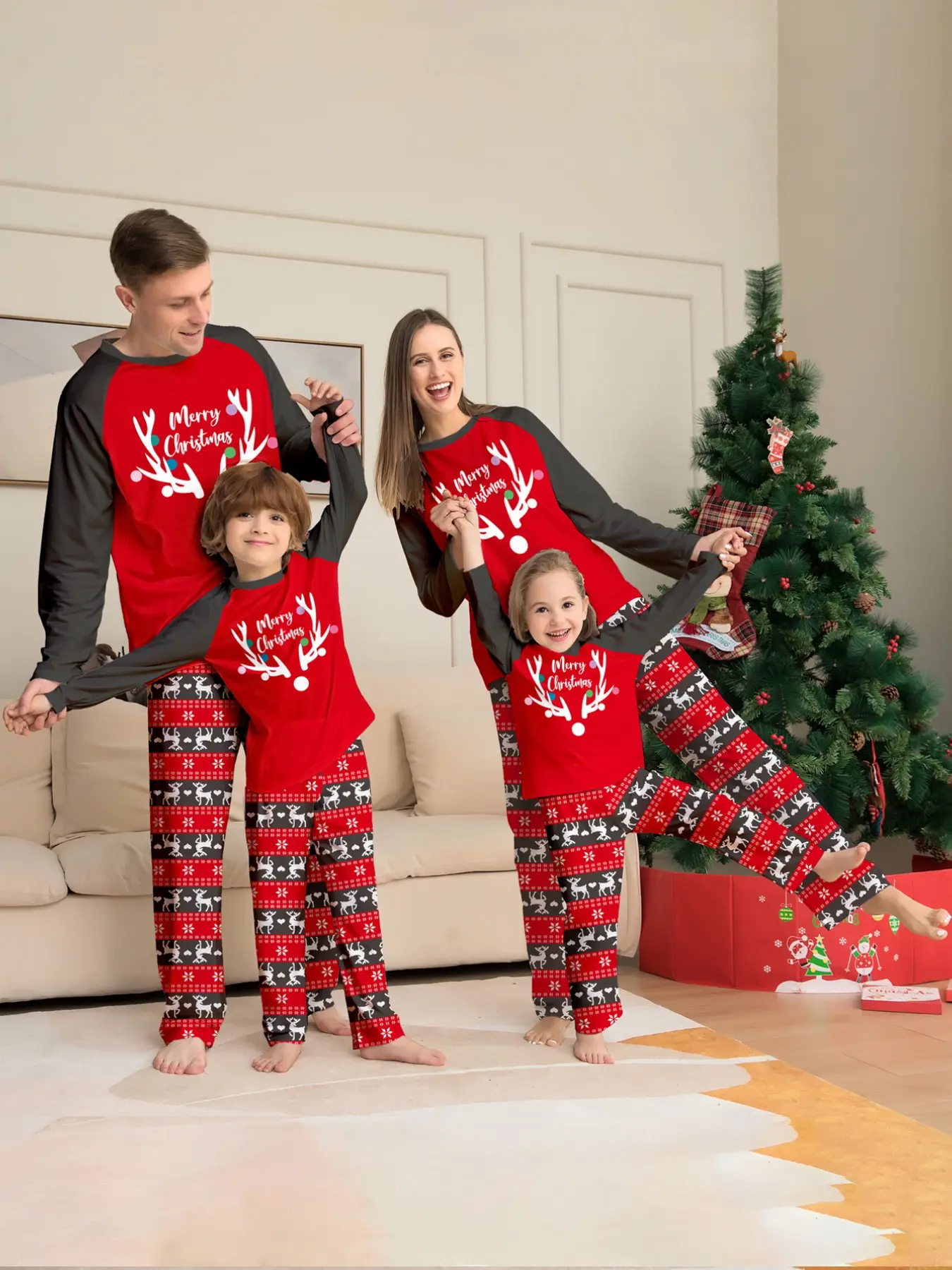Shoulder Reindeer Parent-Child Pajamas Set, Reindeer Striped Long Pants, Merry Christmas Family Home Wear, Holiday Photo