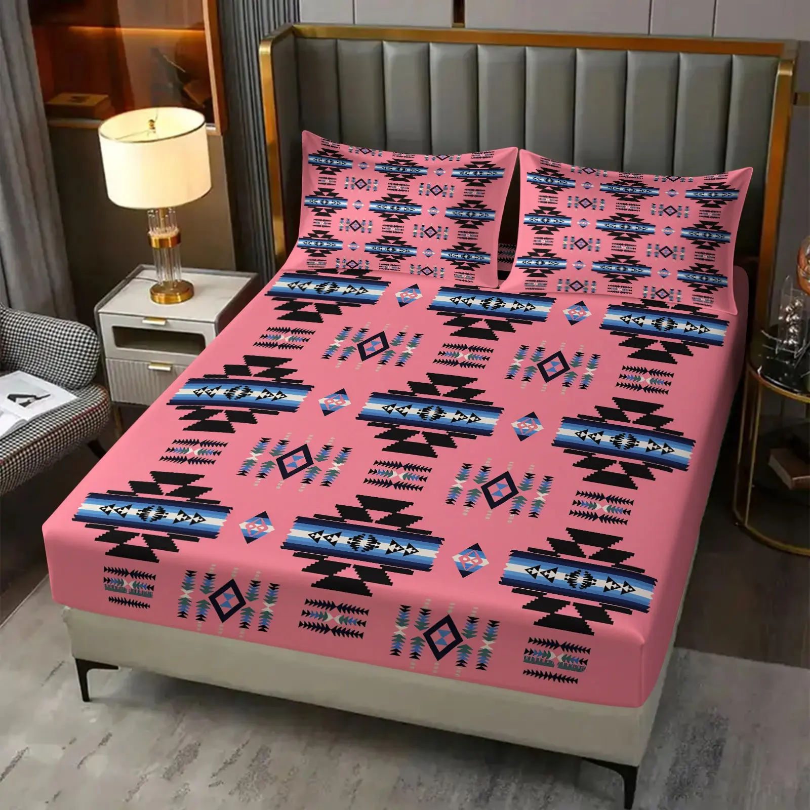 3-Piece Pink Background Navajo Totem Fitted Sheet Set & 2 Coreless Pillowcases, Southwest Navajo Geometric Patterns, Soft, Skin-Friendly And Breathable With Anti-Slip Deep Pocket Structure. American Boho Sweet-Cool Bedding Bedroom Decor