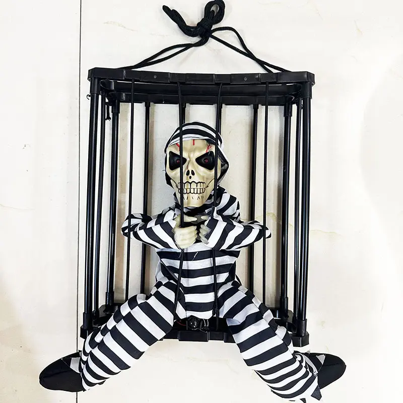 Halloween Hanging Caged Prisoner Skeleton Decor, Animated Talking Scary Skull Ornament with Light Up Eyes, Creepy Jail Ghost Prop for Haunted House, Window, Yard & Party Decorations, Indoor & Outdoor Spooky Halloween Ornament