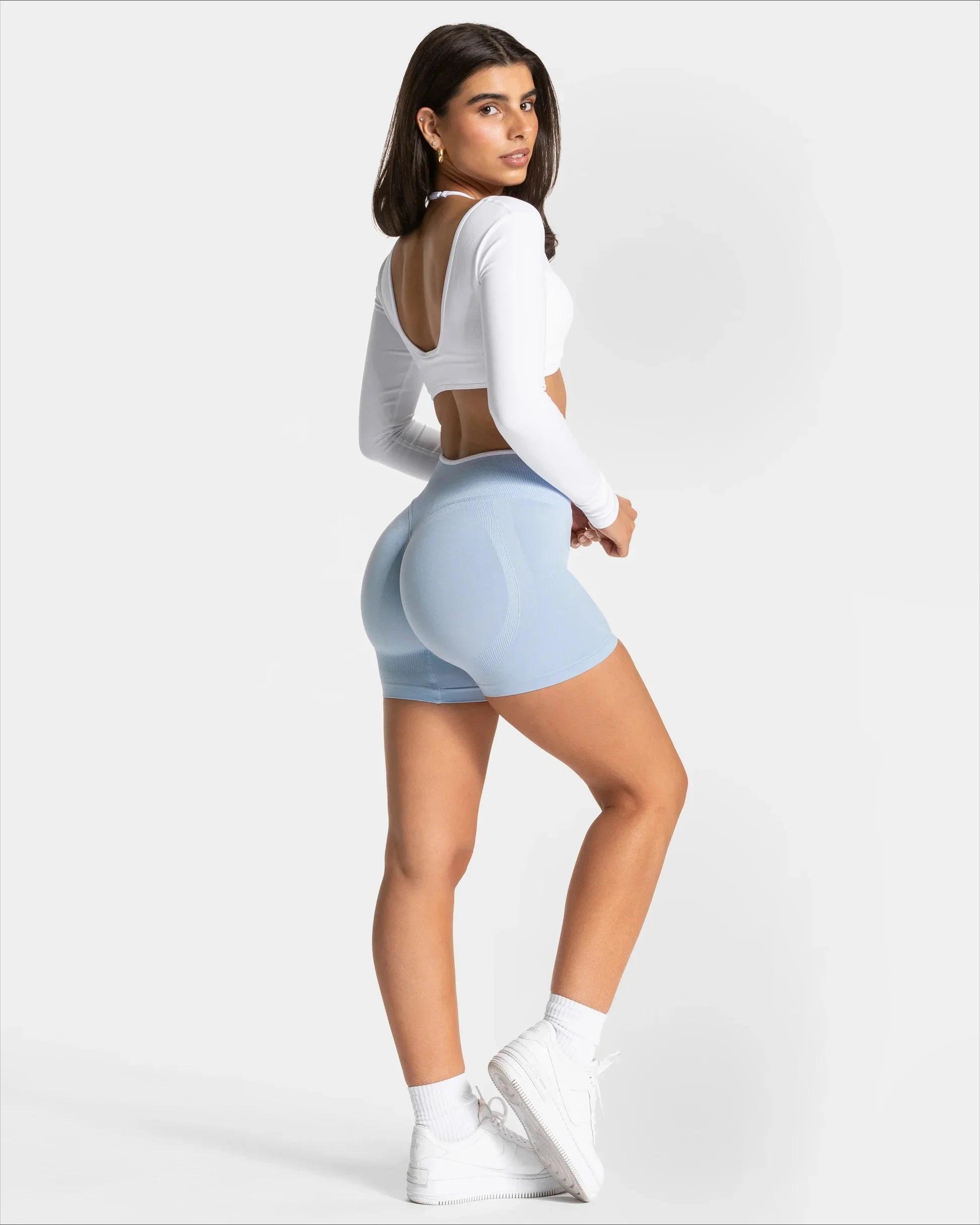 Women Seamless Gym Solid Sports Shorts White Waist Tight High Waist Hip Lifting Yoga Pants Running Sports Shorts