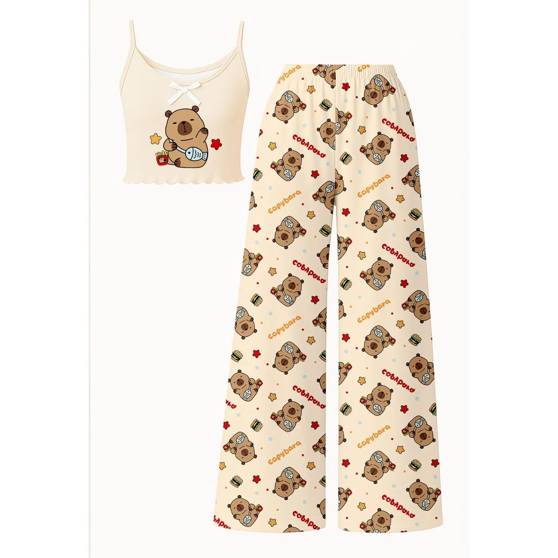 Girls' Cute Capybara Pajamas, Top + Pants Loungewear Set, Casual Princess Style Sleepwear, Flame Retardant