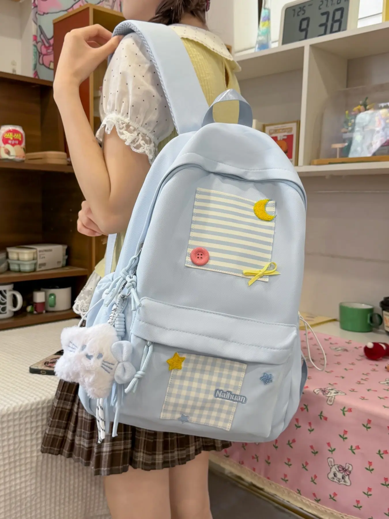 2026 New Macaron Multi-Color Patchwork Embroidered Backpack, Striped Plaid Star Moon Decor, Large Capacity Student Casual Bag