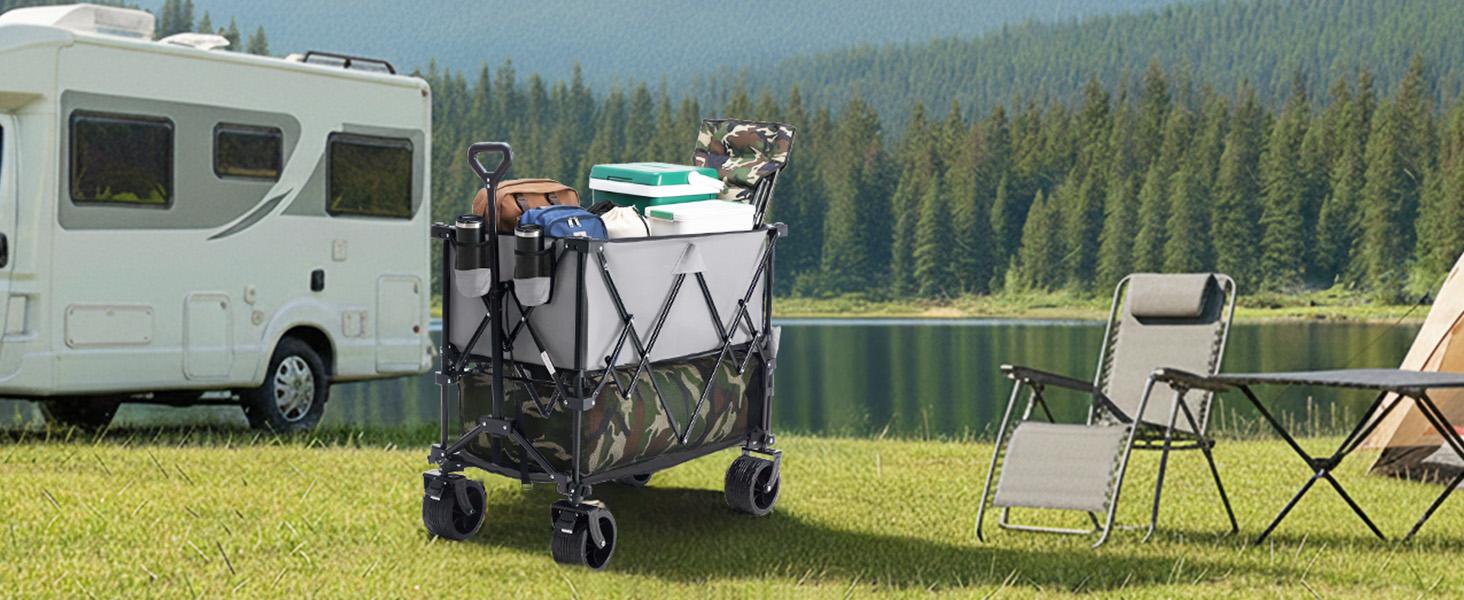 Wagon Cart Collapsible Double Decker 440 lbs Heavy Duty Wagon with All-Terrain Wheels & Adjustable Handle, Portable 400L Storage Utility Cart for Garden, Camping, Sports, Shopping (Grey)