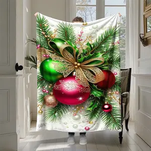 Elegant Luxury Christmas Blanket, Holly Spruce Ornament Print, Soft Coral Fleece, Portable Car Throw, Cozy Movie Nap Cover, Festive Home Decor
