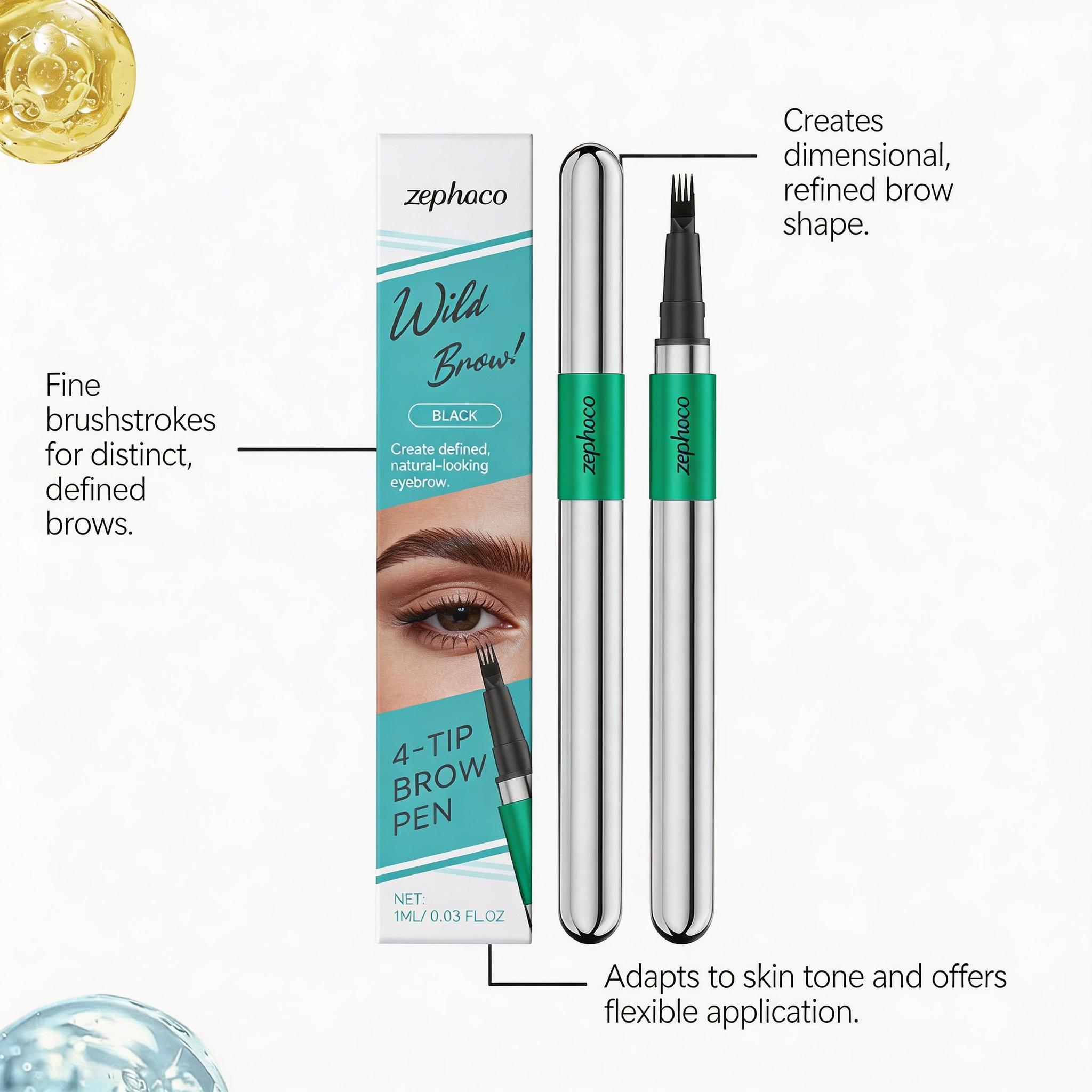 ZEPHOCO 4-Tip Brow Pen Black, VP/DMAPA Acrylates Copolymer Waterproof Film, Ultra-Fine Tip Precise Sculpting, Smooth Clump-Free, Twist-Up Design, Smudge-Resistant All-Day Wear for All Brows