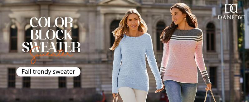 PASLTER Women Autumn Winter Colorblock Pullover Sweaters Round Neck Striped Slim Fitting Knitwear Tops Crewneck Womenswear