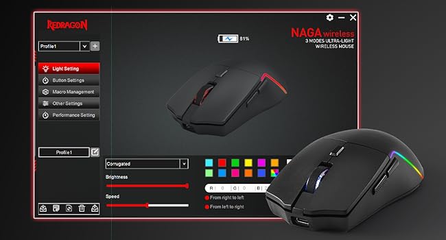 Redragon M730 PRO Wireless RGB Gaming Mouse, 3-Mode Lightweight Optical Mouse with 5 Programmable Buttons, 10000 DPI, Software Supports DIY Keybinds for PC Computer Windows Mac Laptop, Black