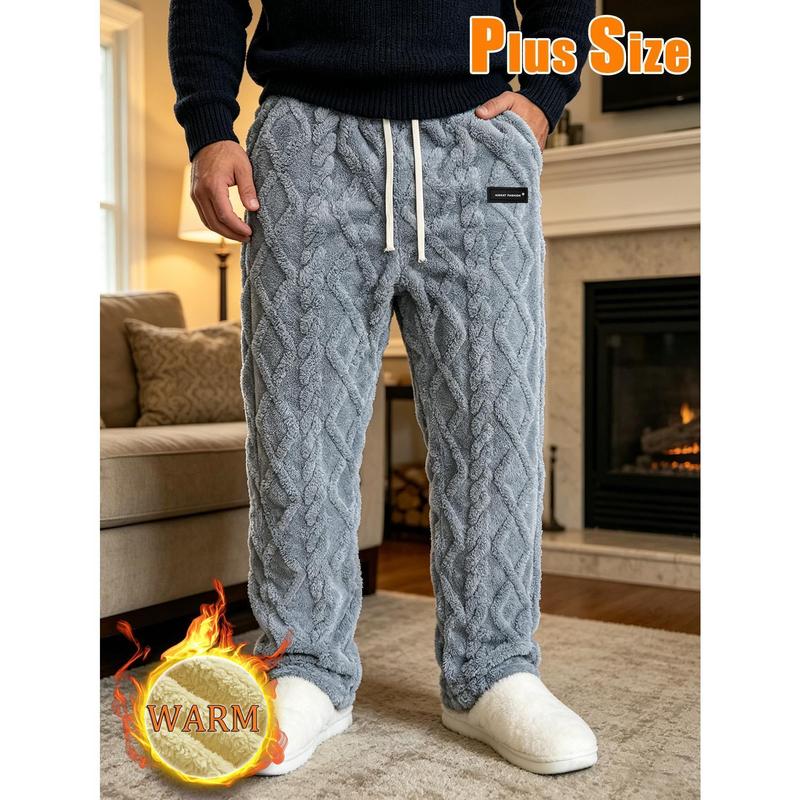 Men's Plus-Size Soft Fleece Joggers - Male Clothing with 3D Cable Textured Plush Fabric, Adjustable Drawstring Waist, Side Pockets for Winter Indoor/Outdoor Lounging, Cold-Weather Casual Use