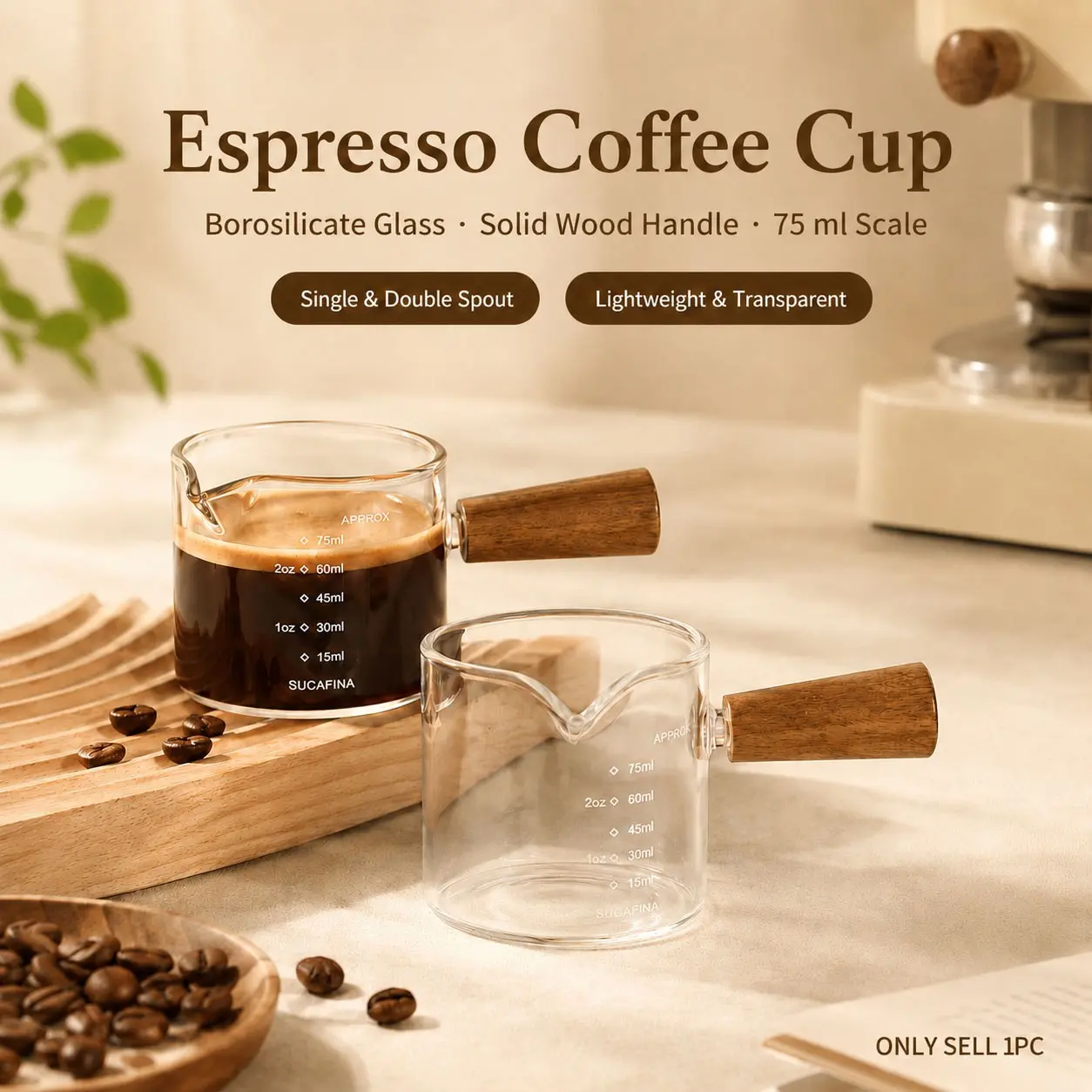 Espresso Cups, Single/Double SpoutGlass Measuring Cup with Dual Scale, Glass Coffee Cup with Wooden Handle, Dual-Port Measuring Cup,Coffee Liquid Extraction Tool, Clear EspressoShot Glass with V-Shaped Mouth, Espresso Accessories