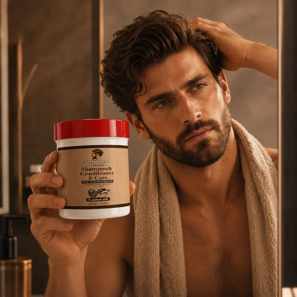 Men's 3-In-1 Hair & Beard Shampoo Conditioner, Castor Oil, Cleanse, Moisturize, Nourish, For Daily Grooming, For Men, 500g/17.65oz