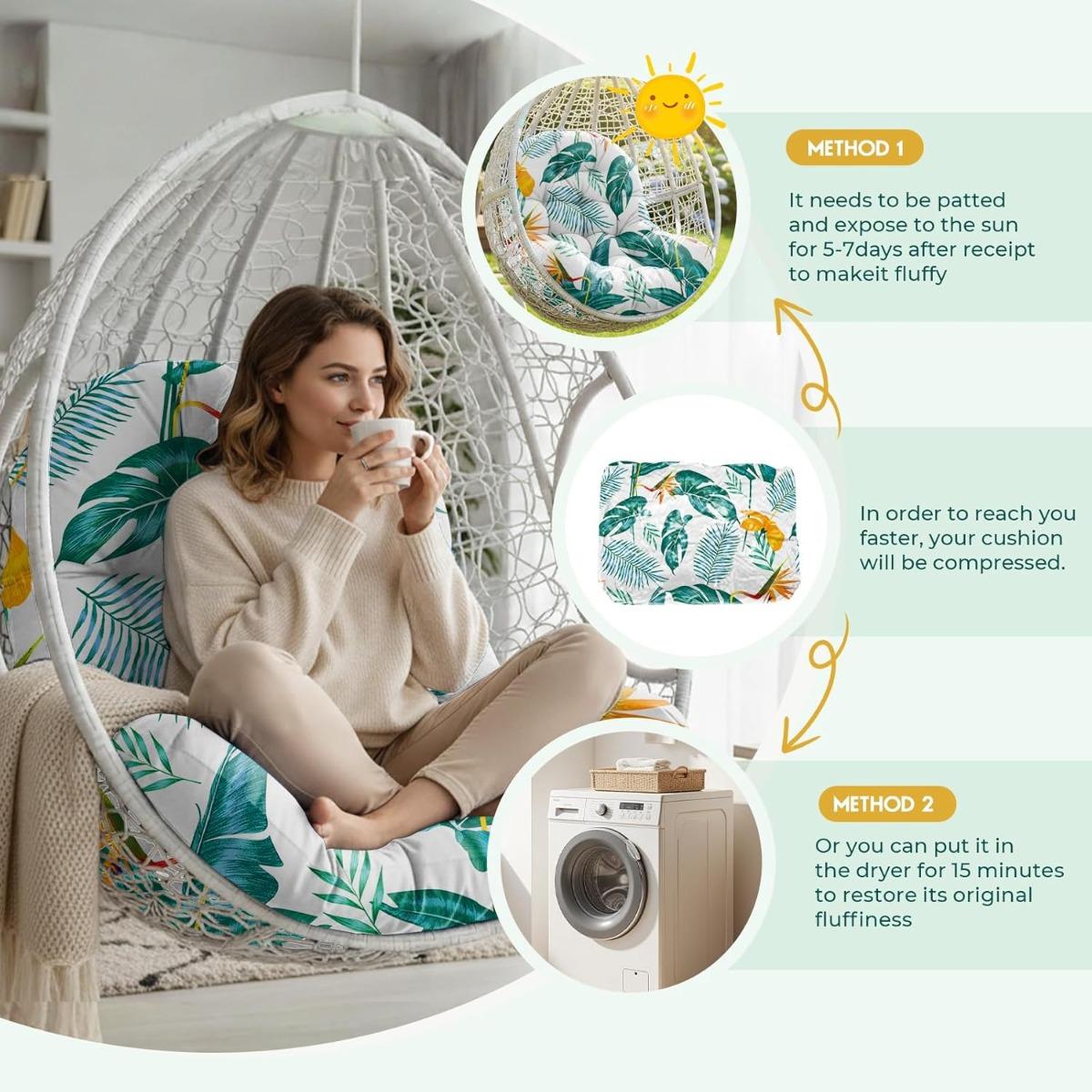 Waterproof Egg Chair Cushion Replacement Outdoor Hanging Chair Cushion 47x35x7 Inches Thicken Egg Chair Cushions with Ties