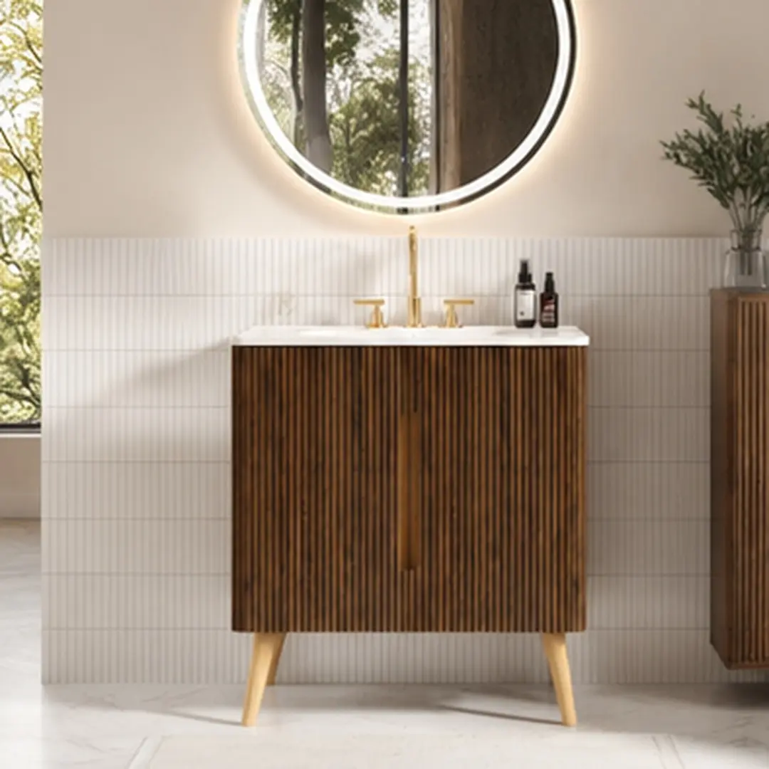 ARCH Etna 30-Inch Striped Walnut Bathroom Vanity with Carrara White Ceramic Sink, Freestanding or Wall-Mounted Modern Bathroom Cabinet, Dual-Door Storage, MDF and Plywood Construction, Multiple Color Options Available, Black/Carrara White/Ceramic/Lig