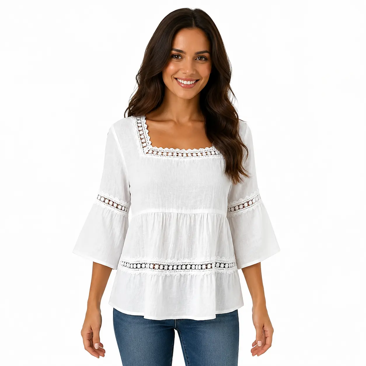 Women’s Square Neck Lace Trim Blouse, 3/4 Bell Sleeve Tiered Loose Tunic Top, Casual Solid Color Shirt for Spring Summer, Weekend, Vacation, Office and Everyday Wear, White Black Blue Green