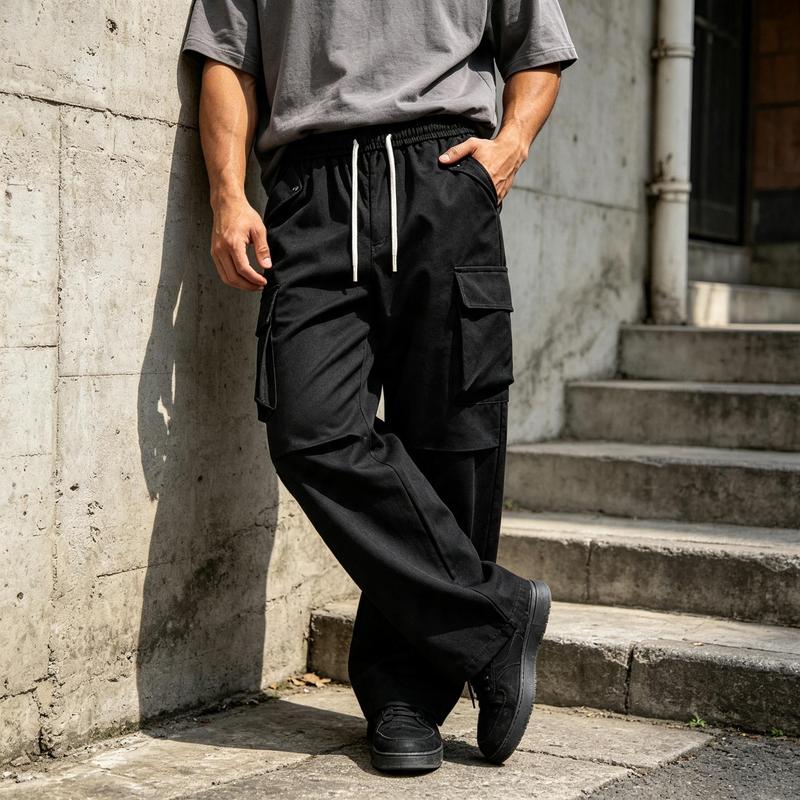 Men's Loose Fitting Work Pants, Flexible Drawstring Elastic Waistband, Breathable Work Pants, Multi Pocket with Rivet Decoration, Suitable for Men's Hip-hop Street Fashion