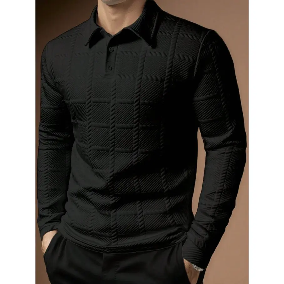 Men's textured long sleeved lapel knit sweater, lapel button checkered casual top, solid color embossed wired pattern knitted T-shirt, slim fit fashionable, breathable soft fabric suitable for business leisure, dating, walking and daily occasions, multi-f