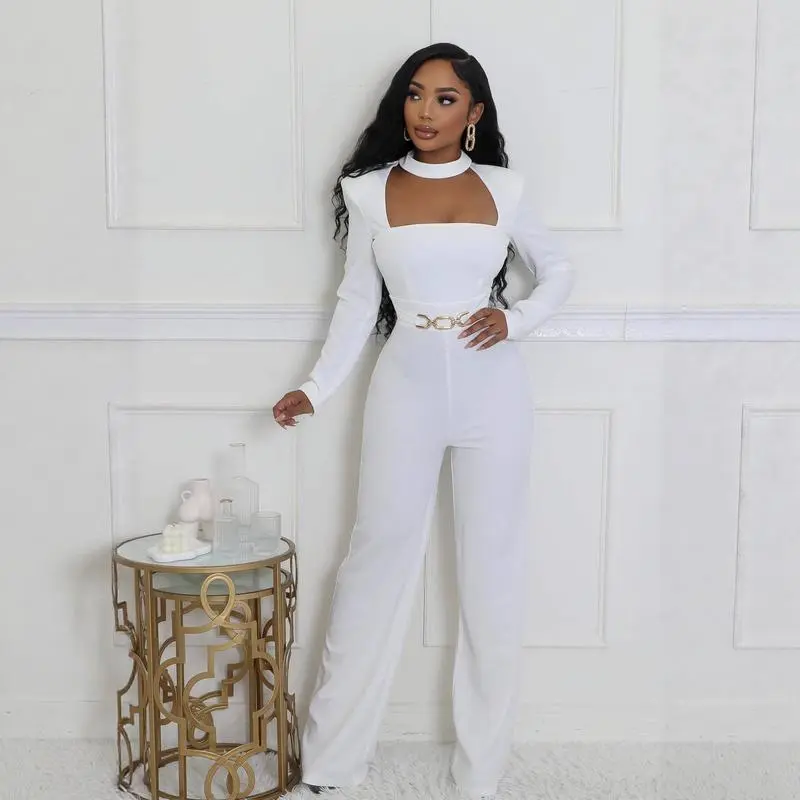 Elegant scarf long-sleeve wide-leg jumpsuit
