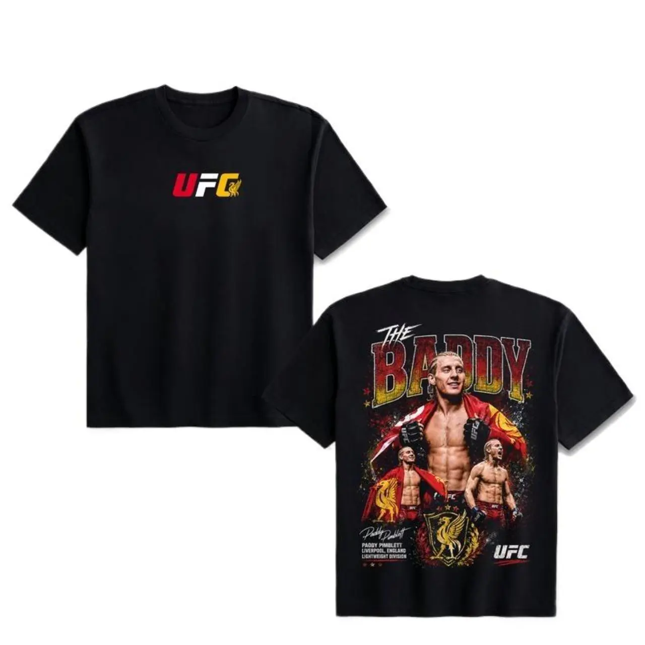 UFC Paddy Pimblett The Baddy T-Shirt, Double Sided Liverpool Liverbird Retro Fighter Collage Graphic Black Casual MMA Tee, Unisex For Men Women